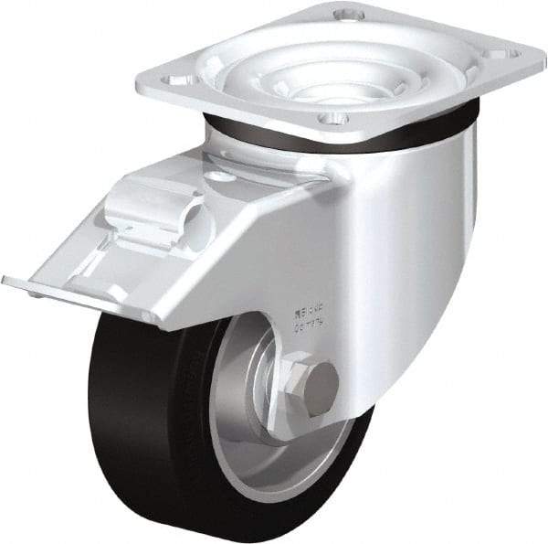 Blickle - 4" Diam x 1-37/64" Wide x 5-7/64" OAH Top Plate Mount Swivel Caster with Brake - Solid Rubber, 440 Lb Capacity, Ball Bearing, 3-15/16 x 3-3/8" Plate - All Tool & Supply