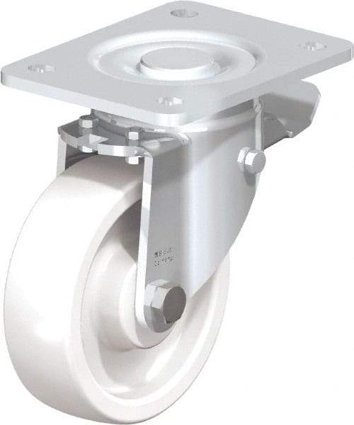 Blickle - 5" Diam x 1-29/64" Wide x 6-1/2" OAH Top Plate Mount Swivel Caster with Brake - Impact-Resistant Nylon, 1,540 Lb Capacity, Plain Bore Bearing, 5-1/2 x 4-3/8" Plate - All Tool & Supply