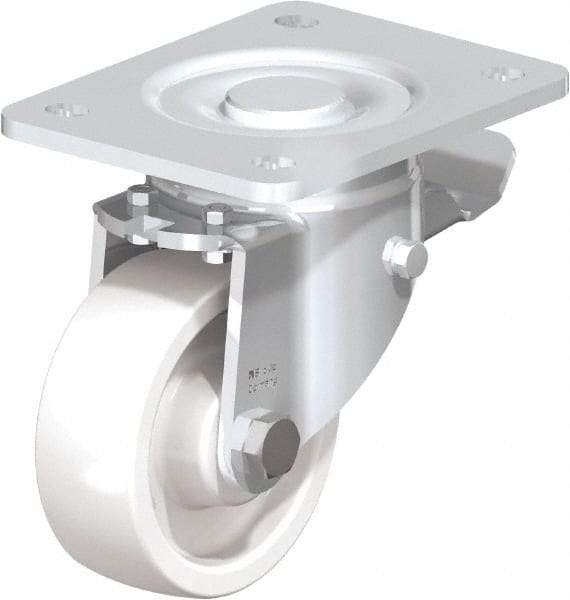 Blickle - 4" Diam x 1-29/64" Wide x 5-33/64" OAH Top Plate Mount Swivel Caster with Brake - Impact-Resistant Nylon, 1,100 Lb Capacity, Plain Bore Bearing, 5-1/2 x 4-3/8" Plate - All Tool & Supply