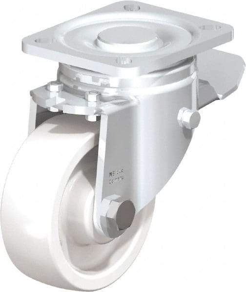 Blickle - 4" Diam x 1-29/64" Wide x 5-33/64" OAH Top Plate Mount Swivel Caster with Brake - Impact-Resistant Nylon, 1,100 Lb Capacity, Plain Bore Bearing, 3-15/16 x 3-3/8" Plate - All Tool & Supply