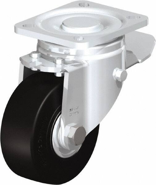 Blickle - 4" Diam x 1-49/64" Wide x 5-33/64" OAH Top Plate Mount Swivel Caster with Brake - Solid Rubber, 594 Lb Capacity, Ball Bearing, 3-15/16 x 3-3/8" Plate - All Tool & Supply