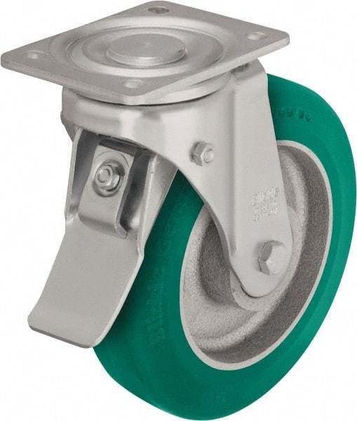 Blickle - 10" Diam x 2-23/64" Wide x 11-39/64" OAH Top Plate Mount Swivel Caster with Brake - Polyurethane-Elastomer Blickle Softhane, 1,980 Lb Capacity, Ball Bearing, 5-1/2 x 4-3/8" Plate - All Tool & Supply