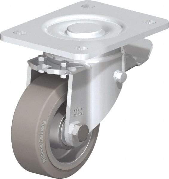 Blickle - 4" Diam x 1-9/16" Wide x 5-33/64" OAH Top Plate Mount Swivel Caster with Brake - Solid Rubber, 440 Lb Capacity, Ball Bearing, 5-1/2 x 4-3/8" Plate - All Tool & Supply