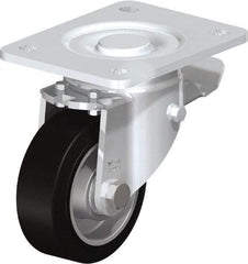 Blickle - 4" Diam x 1-9/16" Wide x 5-33/64" OAH Top Plate Mount Swivel Caster with Brake - Solid Rubber, 440 Lb Capacity, Ball Bearing, 5-1/2 x 4-3/8" Plate - All Tool & Supply