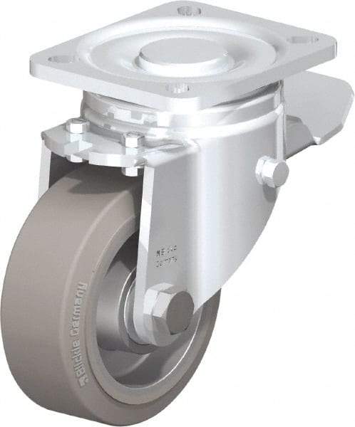 Blickle - 4" Diam x 1-9/16" Wide x 5-33/64" OAH Top Plate Mount Swivel Caster with Brake - Solid Rubber, 440 Lb Capacity, Ball Bearing, 3-15/16 x 3-3/8" Plate - All Tool & Supply