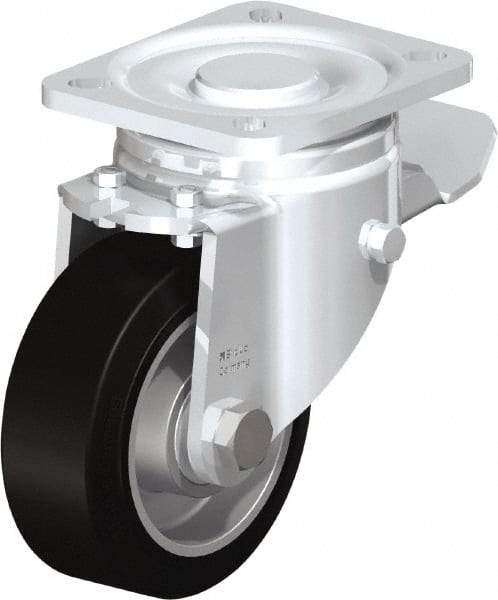 Blickle - 4" Diam x 1-9/16" Wide x 5-33/64" OAH Top Plate Mount Swivel Caster with Brake - Solid Rubber, 440 Lb Capacity, Ball Bearing, 3-15/16 x 3-3/8" Plate - All Tool & Supply