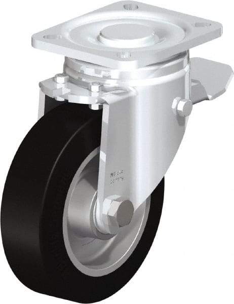 Blickle - 5" Diam x 1-9/16" Wide x 6-1/2" OAH Top Plate Mount Swivel Caster with Brake - Solid Rubber, 550 Lb Capacity, Ball Bearing, 3-15/16 x 3-3/8" Plate - All Tool & Supply