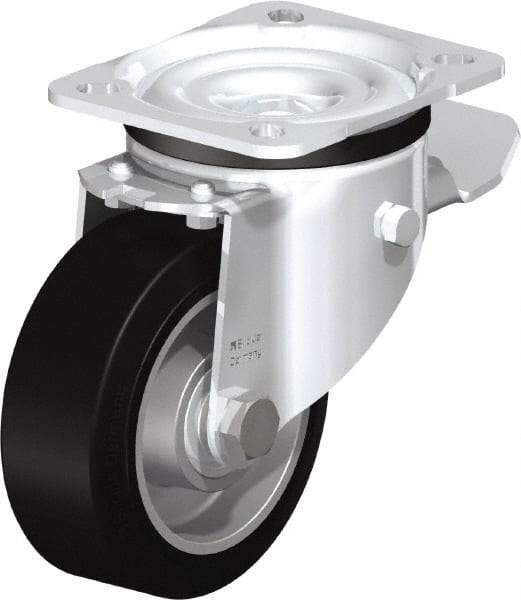 Blickle - 4" Diam x 1-37/64" Wide x 5-7/64" OAH Top Plate Mount Swivel Caster with Brake - Solid Rubber, 440 Lb Capacity, Ball Bearing, 3-15/16 x 3-3/8" Plate - All Tool & Supply