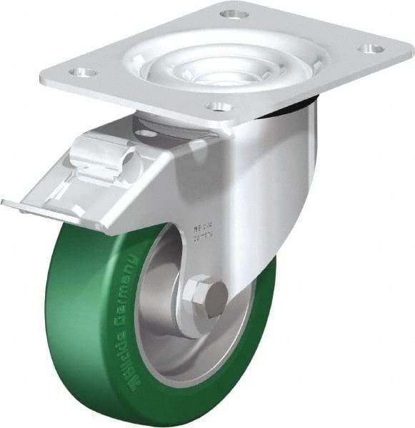 Blickle - 5" Diam x 1-37/64" Wide x 6-7/64" OAH Top Plate Mount Swivel Caster with Brake - Polyurethane-Elastomer Blickle Softhane, 770 Lb Capacity, Ball Bearing, 5-1/2 x 4-3/8" Plate - All Tool & Supply