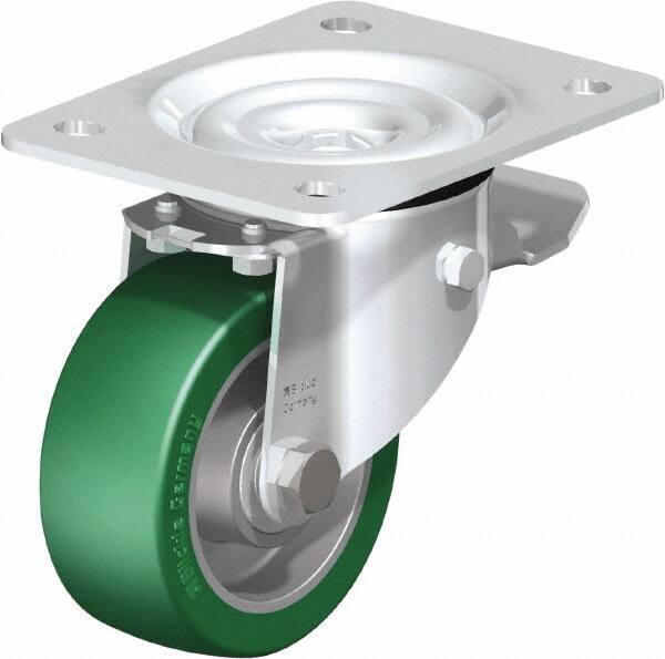 Blickle - 4" Diam x 1-37/64" Wide x 5-7/64" OAH Top Plate Mount Swivel Caster with Brake - Polyurethane-Elastomer Blickle Softhane, 660 Lb Capacity, Ball Bearing, 5-1/2 x 4-3/8" Plate - All Tool & Supply