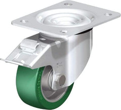 Blickle - 4" Diam x 1-37/64" Wide x 5-7/64" OAH Top Plate Mount Swivel Caster with Brake - Polyurethane-Elastomer Blickle Softhane, 660 Lb Capacity, Ball Bearing, 5-1/2 x 4-3/8" Plate - All Tool & Supply