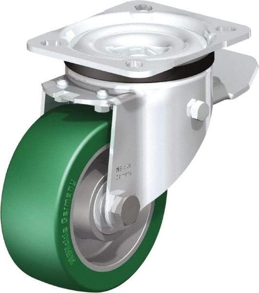 Blickle - 4" Diam x 1-37/64" Wide x 5-7/64" OAH Top Plate Mount Swivel Caster with Brake - Polyurethane-Elastomer Blickle Softhane, 660 Lb Capacity, Ball Bearing, 3-15/16 x 3-3/8" Plate - All Tool & Supply