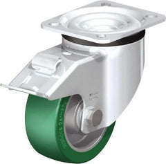 Blickle - 4" Diam x 1-37/64" Wide x 5-7/64" OAH Top Plate Mount Swivel Caster with Brake - Polyurethane-Elastomer Blickle Softhane, 660 Lb Capacity, Ball Bearing, 3-15/16 x 3-3/8" Plate - All Tool & Supply