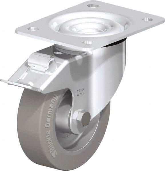 Blickle - 5" Diam x 1-37/64" Wide x 6-7/64" OAH Top Plate Mount Swivel Caster with Brake - Solid Rubber, 550 Lb Capacity, Ball Bearing, 5-1/2 x 4-3/8" Plate - All Tool & Supply