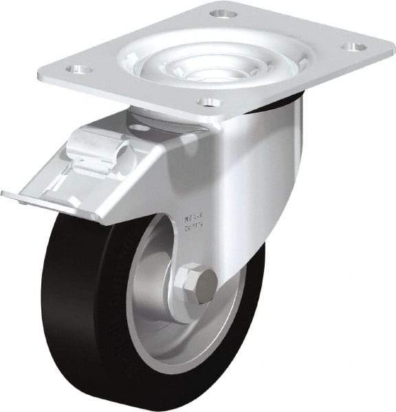 Blickle - 5" Diam x 1-37/64" Wide x 6-7/64" OAH Top Plate Mount Swivel Caster with Brake - Solid Rubber, 550 Lb Capacity, Ball Bearing, 5-1/2 x 4-3/8" Plate - All Tool & Supply