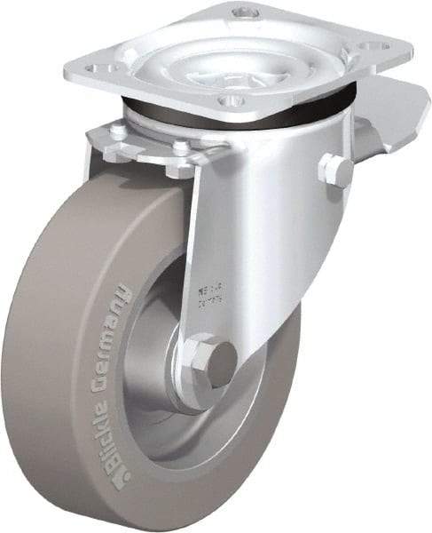 Blickle - 5" Diam x 1-37/64" Wide x 6-7/64" OAH Top Plate Mount Swivel Caster with Brake - Solid Rubber, 550 Lb Capacity, Ball Bearing, 3-15/16 x 3-3/8" Plate - All Tool & Supply