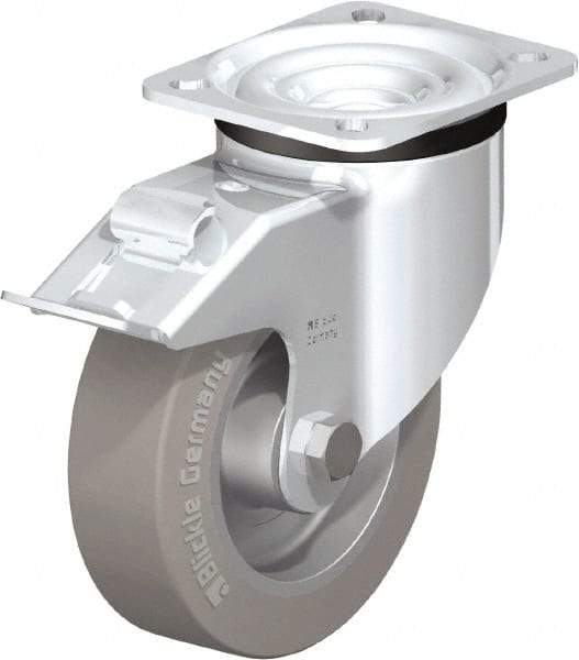 Blickle - 5" Diam x 1-37/64" Wide x 6-7/64" OAH Top Plate Mount Swivel Caster with Brake - Solid Rubber, 550 Lb Capacity, Ball Bearing, 3-15/16 x 3-3/8" Plate - All Tool & Supply