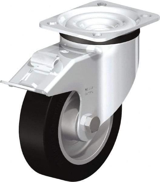 Blickle - 5" Diam x 1-37/64" Wide x 6-7/64" OAH Top Plate Mount Swivel Caster with Brake - Solid Rubber, 550 Lb Capacity, Ball Bearing, 3-15/16 x 3-3/8" Plate - All Tool & Supply