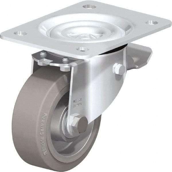 Blickle - 4" Diam x 1-37/64" Wide x 5-7/64" OAH Top Plate Mount Swivel Caster with Brake - Solid Rubber, 440 Lb Capacity, Ball Bearing, 5-1/2 x 4-3/8" Plate - All Tool & Supply