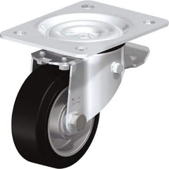 Blickle - 4" Diam x 1-37/64" Wide x 5-7/64" OAH Top Plate Mount Swivel Caster with Brake - Solid Rubber, 440 Lb Capacity, Ball Bearing, 5-1/2 x 4-3/8" Plate - All Tool & Supply