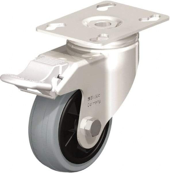 Blickle - 3" Diam x 63/64" Wide x 4-3/8" OAH Top Plate Mount Swivel Caster with Brake - Solid Rubber, 176 Lb Capacity, Plain Bore Bearing, 3-9/16 x 2-5/8" Plate - All Tool & Supply