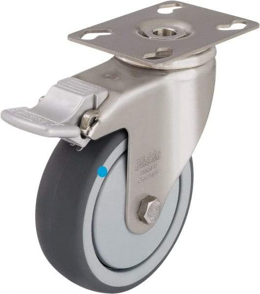 Blickle - 3" Diam x 1-1/4" Wide x 4-3/8" OAH Top Plate Mount Swivel Caster with Brake - Thermoplastic Rubber Elastomer (TPE), 220 Lb Capacity, Ball Bearing, 3-9/16 x 2-5/8" Plate - All Tool & Supply