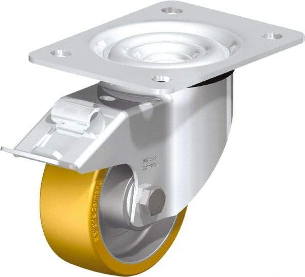 Blickle - 4" Diam x 1-9/16" Wide x 5-7/64" OAH Top Plate Mount Swivel Caster with Brake - Polyurethane-Elastomer Blickle Extrathane, 550 Lb Capacity, Ball Bearing, 5-1/2 x 4-3/8" Plate - All Tool & Supply