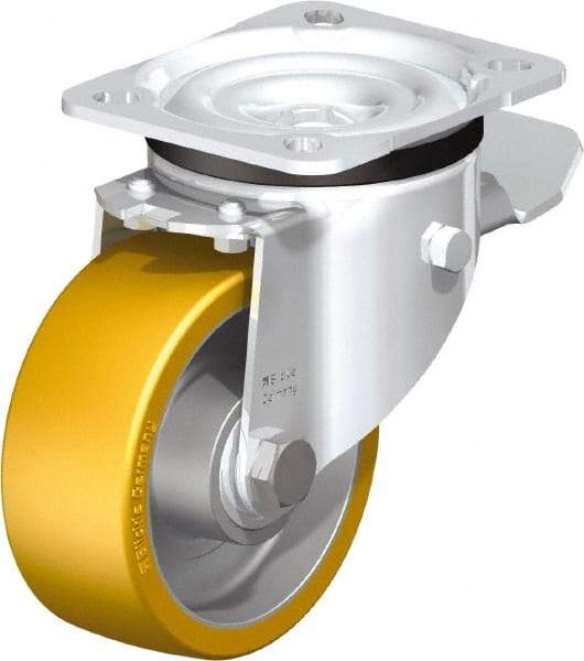 Blickle - 4" Diam x 1-9/16" Wide x 5-7/64" OAH Top Plate Mount Swivel Caster with Brake - Polyurethane-Elastomer Blickle Extrathane, 550 Lb Capacity, Ball Bearing, 3-15/16 x 3-3/8" Plate - All Tool & Supply