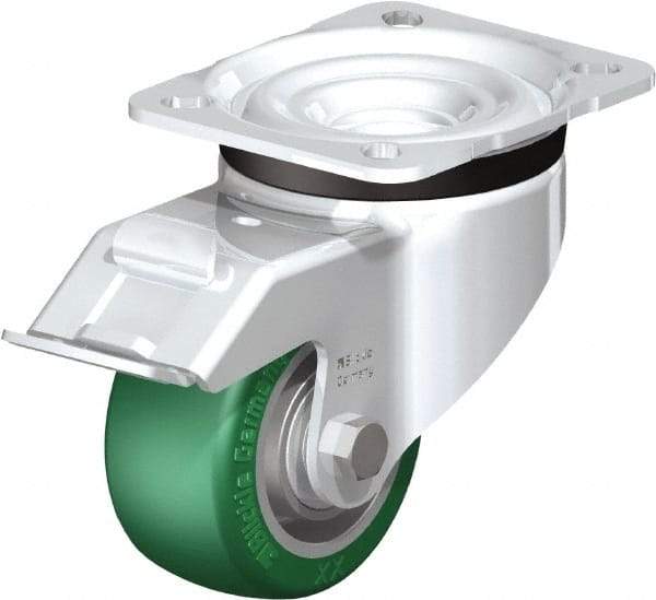 Blickle - 3" Diam x 1-9/16" Wide x 4-21/64" OAH Top Plate Mount Swivel Caster with Brake - Polyurethane-Elastomer Blickle Softhane, 506 Lb Capacity, Ball Bearing, 3-15/16 x 3-3/8" Plate - All Tool & Supply