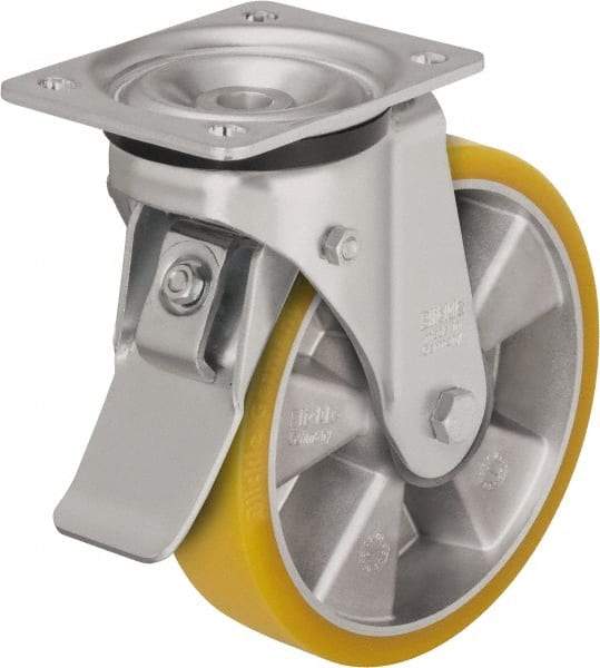 Blickle - 5" Diam x 1-9/16" Wide x 6-7/64" OAH Top Plate Mount Swivel Caster with Brake - Polyurethane-Elastomer Blickle Extrathane, 770 Lb Capacity, Ball Bearing, 5-1/2 x 4-3/8" Plate - All Tool & Supply