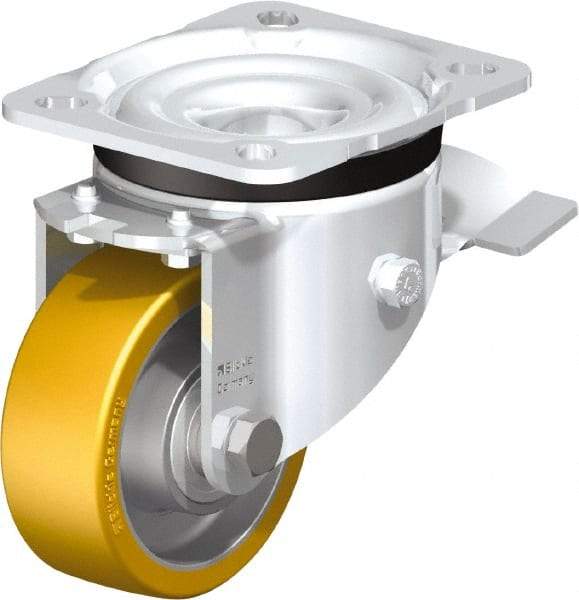 Blickle - 3" Diam x 1-11/64" Wide x 4-21/64" OAH Top Plate Mount Swivel Caster with Brake - Polyurethane-Elastomer Blickle Extrathane, 396 Lb Capacity, Ball Bearing, 3-15/16 x 3-3/8" Plate - All Tool & Supply