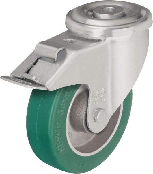 Blickle - 4" Diam x 1-37/64" Wide x 5-35/64" OAH Hollow Kingpin Mount Swivel Caster with Brake - Polyurethane-Elastomer Blickle Softhane, 660 Lb Capacity, Ball Bearing, Hollow Kingpin Stem - All Tool & Supply