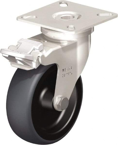 Blickle - 3" Diam x 63/64" Wide x 3-15/16" OAH Top Plate Mount Swivel Caster with Brake - Thermoplastic Rubber Elastomer (TPE), 165 Lb Capacity, Plain Bore Bearing, 2-3/8 x 2-3/8" Plate - All Tool & Supply