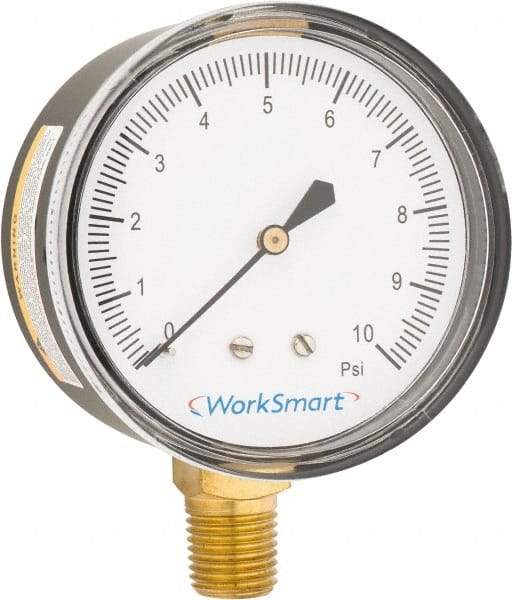 Value Collection - 2-1/2" Dial, 1/4 Thread, 0-10 Scale Range, Pressure Gauge - Lower Connection Mount, Accurate to 1.5% of Scale - All Tool & Supply