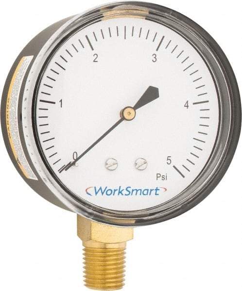 Value Collection - 2-1/2" Dial, 1/4 Thread, 0-5 Scale Range, Pressure Gauge - Lower Connection Mount, Accurate to 1.5% of Scale - All Tool & Supply