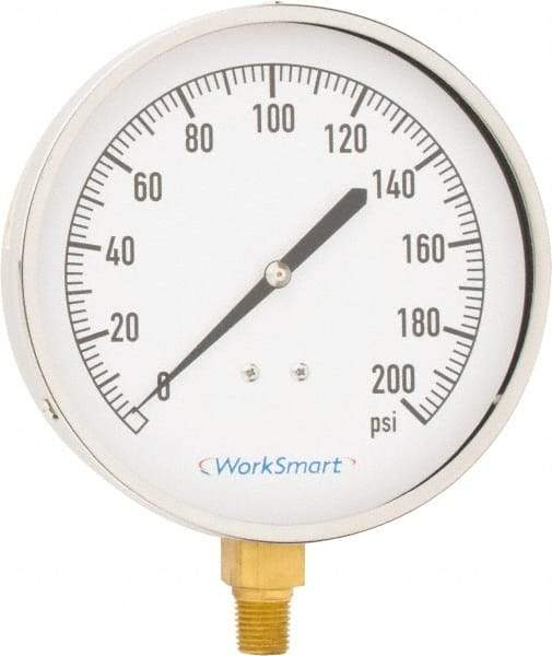 Value Collection - 4-1/2" Dial, 1/4 Thread, 0-200 Scale Range, Pressure Gauge - Lower Connection Mount, Accurate to 0.01% of Scale - All Tool & Supply