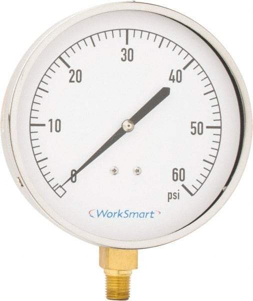 Value Collection - 4-1/2" Dial, 1/4 Thread, 0-60 Scale Range, Pressure Gauge - Lower Connection Mount, Accurate to 0.01% of Scale - All Tool & Supply