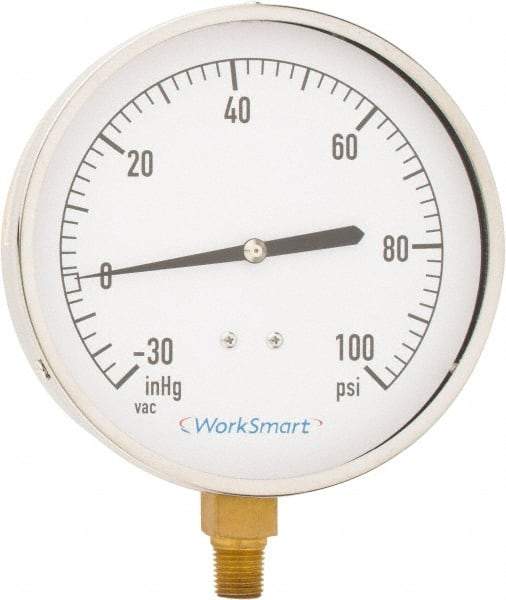 Value Collection - 4-1/2" Dial, 1/4 Thread, 30-0-100 Scale Range, Pressure Gauge - Lower Connection Mount, Accurate to 0.01% of Scale - All Tool & Supply