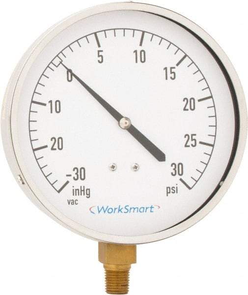 Value Collection - 4-1/2" Dial, 1/4 Thread, 30-0-30 Scale Range, Pressure Gauge - Lower Connection Mount, Accurate to 0.01% of Scale - All Tool & Supply