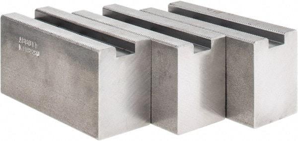 Abbott Workholding Products - 1.5mm x 60° Serrated Attachment, Square Soft Lathe Chuck Jaw - 3 Jaws, Steel, 63/64" Btw Mount Hole Ctrs, 4" Long x 1-1/2" Wide x 2" High, 0.5512" Groove, 0.4724" & 12mm Fastener - All Tool & Supply