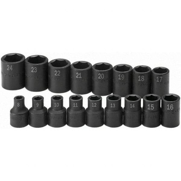 SK - 1/2" Drive Standard Impact Socket Set - 8 to 24mm, Metric Measurement Standard - All Tool & Supply