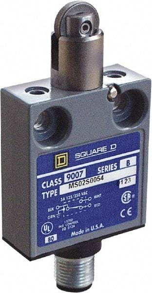 Square D - SPDT, NC/NO, Multiple VAC Levels, 4 Pin DC Micro Connector Terminal, Parallel Roller Plunger Actuator, General Purpose Limit Switch - 1, 2, 4, 6, 6P NEMA Rating, IP67 IPR Rating, 80 Ounce Operating Force - All Tool & Supply