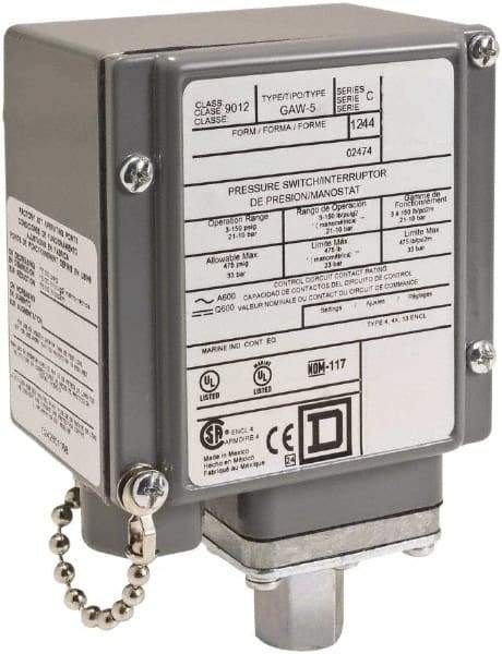 Square D - 4, 13 and 4X NEMA Rated, SPDT, 3 to 150 psi, Electromechanical Pressure and Level Switch - Adjustable Pressure, 120 VAC at 6 Amp, 240 VAC at 3 Amp, 250 VDC at 0.27 Amp, 1/4 Inch Connector, Screw Terminal, For Use with 9012G - All Tool & Supply