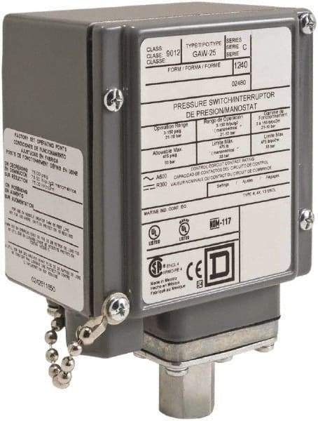 Square D - 4, 13 and 4X NEMA Rated, DPDT, 90 to 2,900 psi, Electromechanical Pressure and Level Switch - Fixed Pressure, 120 VAC at 6 Amp, 125 VDC at 0.22 Amp, 240 VAC at 3 Amp, 250 VDC at 0.27 Amp, 1/4 Inch Connector, Screw Terminal, For Use with 9012G - All Tool & Supply