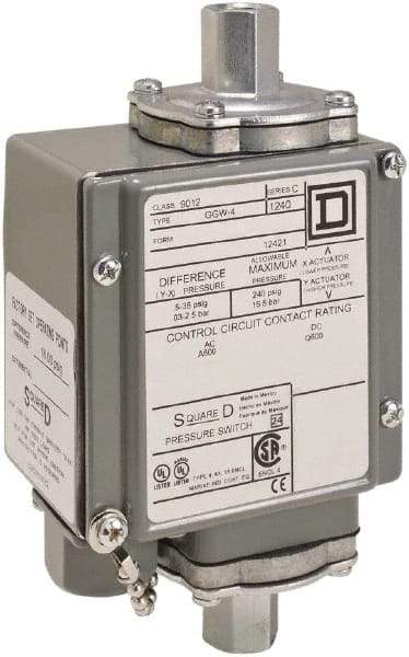 Square D - 4, 13 and 4X NEMA Rated, SPDT, 175 psi, Electromechanical Pressure and Level Switch - Adjustable Pressure, 120 VAC at 6 Amp, 125 VDC at 0.22 Amp, 240 VAC at 3 Amp, 250 VDC at 0.27 Amp, 1/4 Inch Connector, Screw Terminal, For Use with 9012G - All Tool & Supply