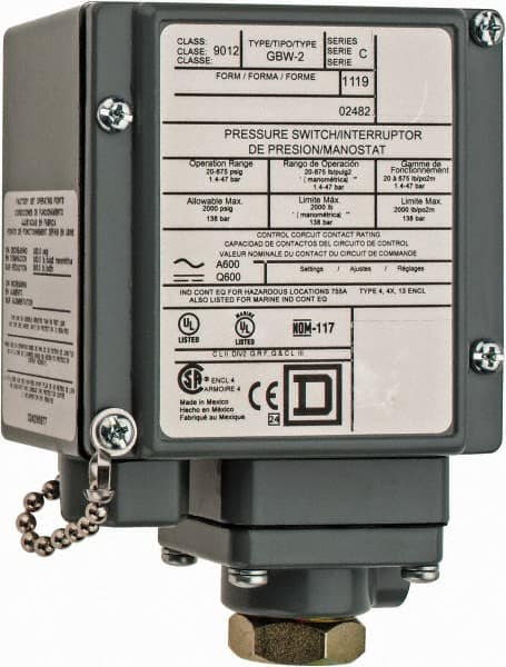 Square D - 4, 13 and 4X NEMA Rated, SPDT-DB, 20 to 675 psig, Electromechanical Pressure and Level Switch - Exact Industrial Supply