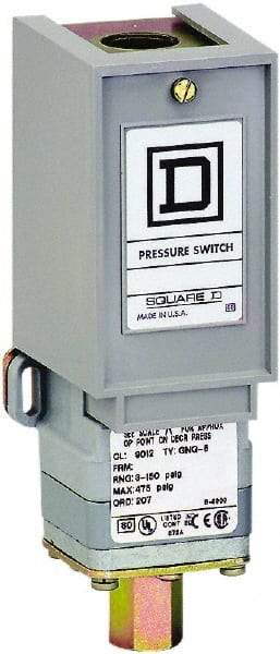 Square D - 1 NEMA Rated, SPDT, 3 to 150 psi, Electromechanical Pressure and Level Switch - Fixed Pressure, 120 VAC at 6 Amp, 125 VDC at 0.22 Amp, 240 VAC at 3 Amp, 250 VDC at 0.27 Amp, 1/4 Inch Connector, Screw Terminal, For Use with 9012G - All Tool & Supply