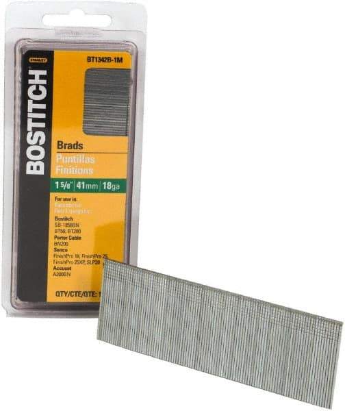 Stanley Bostitch - 18 Gauge 0.05" Shank Diam 1-5/8" Long Brad Nails for Power Nailers - Steel, Bright Finish, Ring Shank, Straight Stick Adhesive Collation, Brad Head, Chisel Point - All Tool & Supply