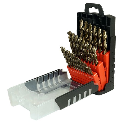 ‎1/16-1/2 RHS / RHC HSS-CO 8% (M42) 135 Degree Split Point Heavy Duty Cobalt Jobber Length Drill Set - Straw / Gold Oxide - Exact Industrial Supply