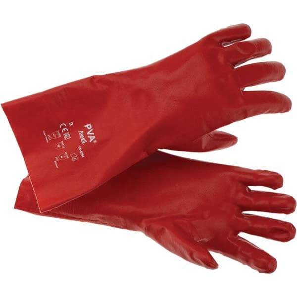 Ansell - Size L (9), 14" Long, Supported, Polyvinyl Alcohol (PVA) Chemical Resistant Gloves - Smooth Finish, Cotton Interlock Knit Lined, Gauntlet Cuff, ANSI Abrasion Level 4, ANSI Cut Level 1, Red - All Tool & Supply